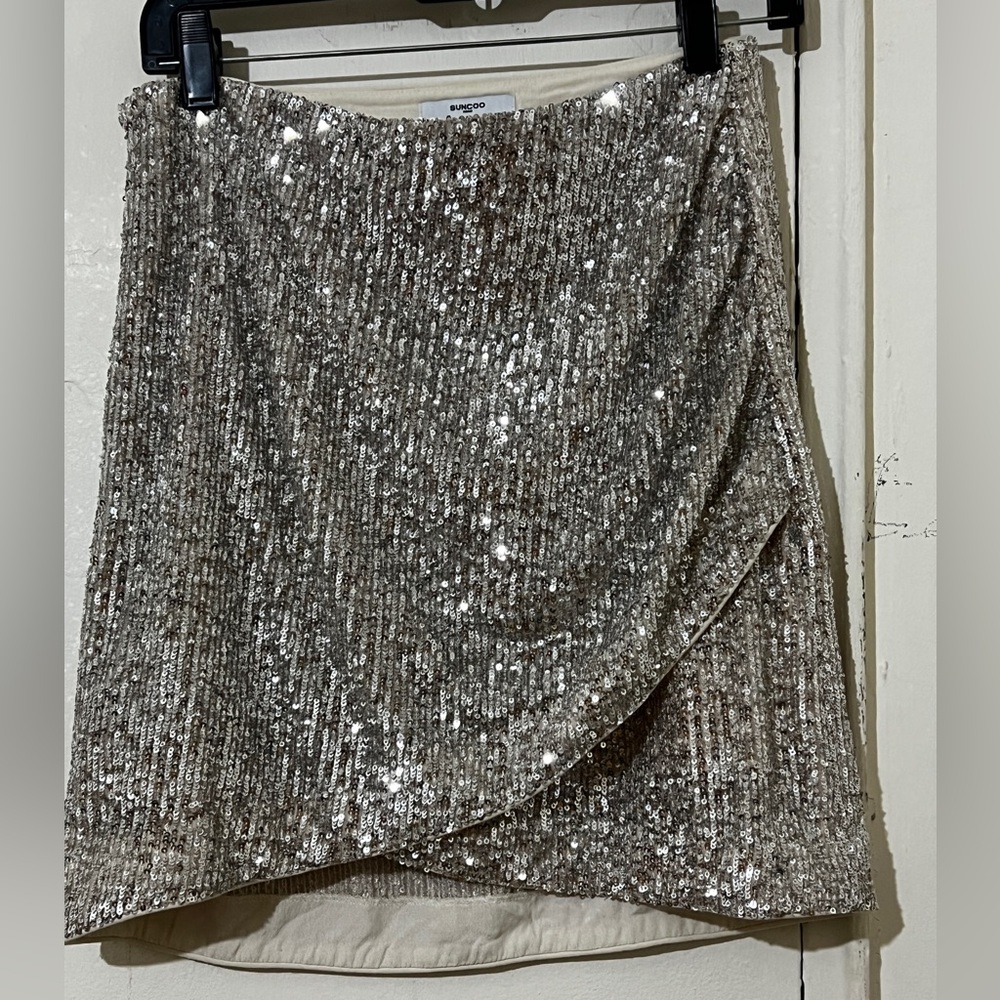 SUNCOO Paris Silver Sequin Wrap-Front Mini Skirt